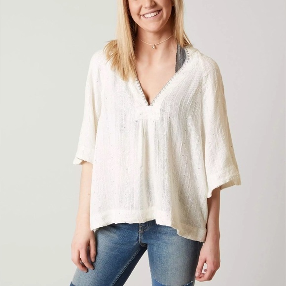 Free People Get Over It Top Bell Sleeve Sequins Metallic Boho Ivory blouse Small - Picture 1 of 12